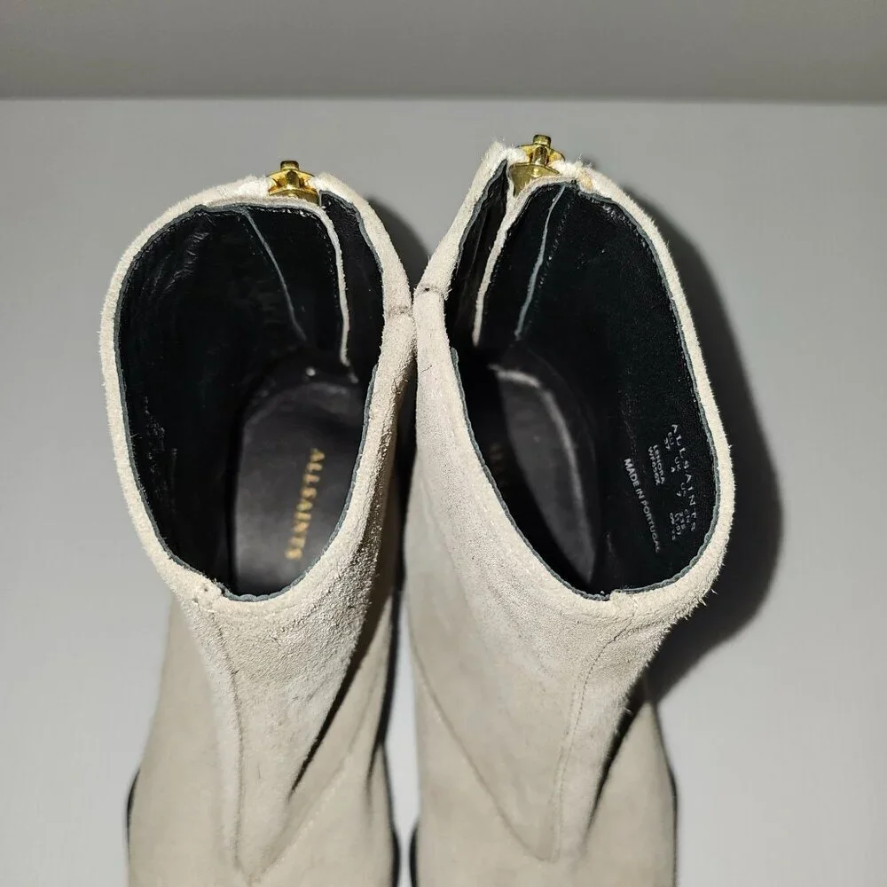 All Saints Lenora Goring Ankle Boot Women 7 Taupe Gray Suede Zip Up Low Heel NEW